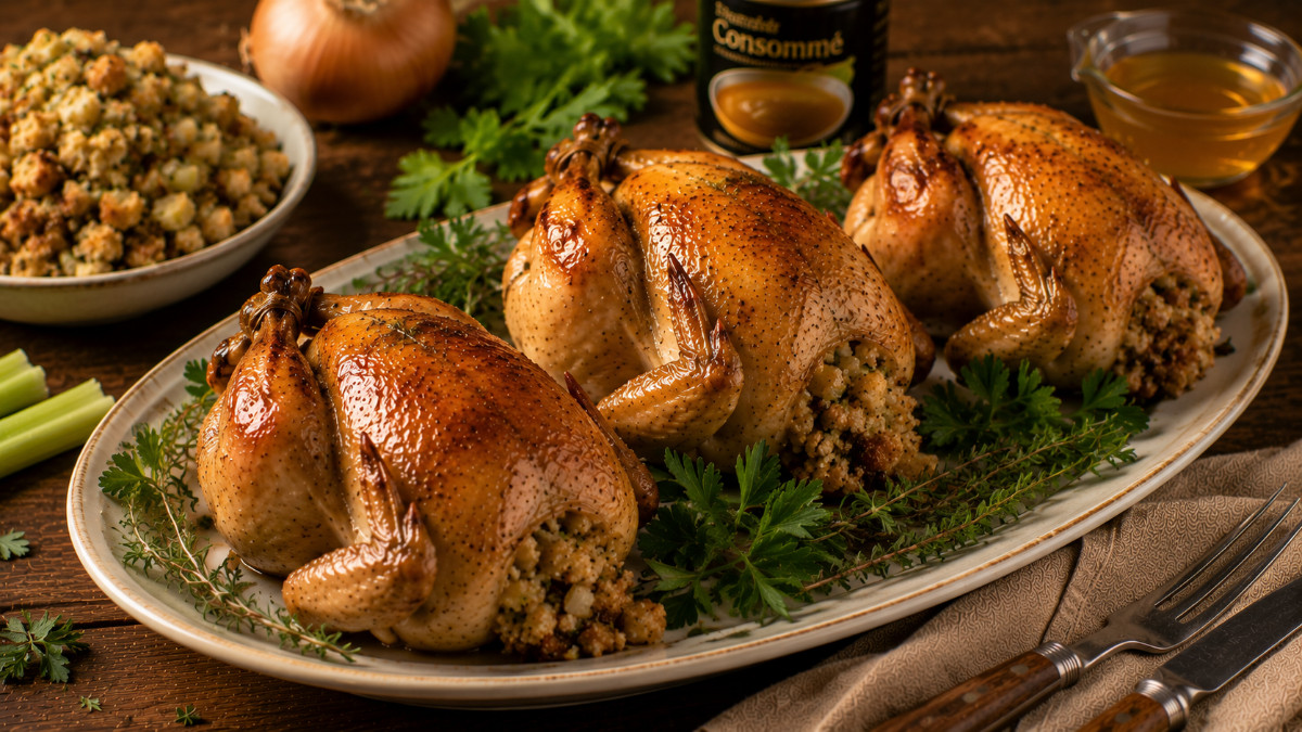 Rock Cornish Hens with Celery Stuffing