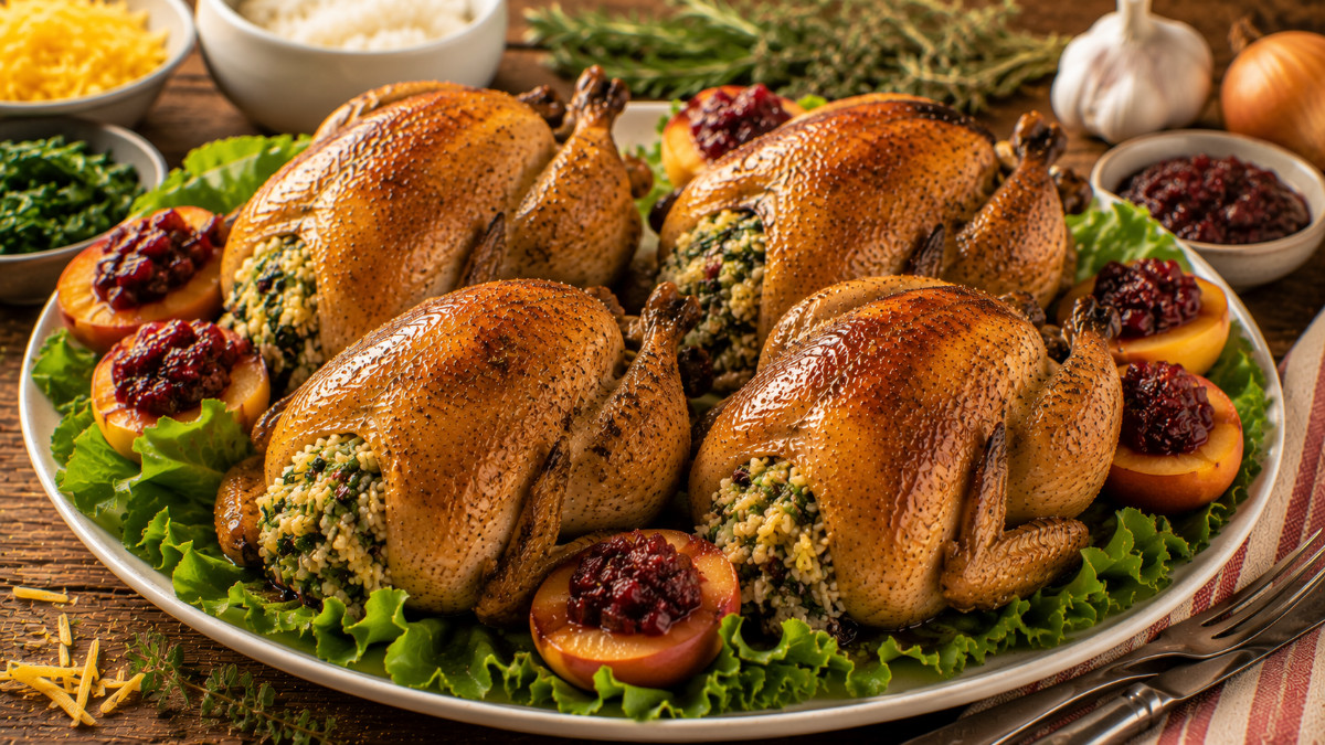 Yellow and Green Stuffed Cornish Hens